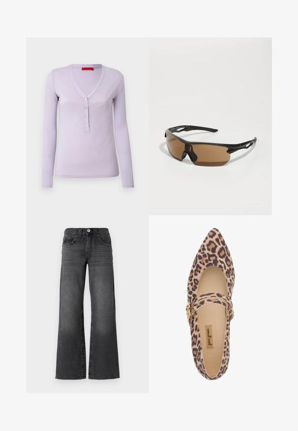 Lila Langarmoberteil mit V-Ausschnitt, ausgestattet mit einer Knopfleiste mit fünf Knöpfen und einem weichen, leichten Stoff. Einfaches, tailliertes Design.; Weite Jeans aus dunkelgrauem Denim. Mit fünf Taschen, einem Knopfverschluss und dezentem Verblassen des Stoffes. Klassische Nähte betonen das Design.; Punkte-Mary-Jane-Schuh im Leopardenmuster mit spitzem Zeh, weichem Obermaterial und einem Riemen, der mit einer goldenen Schnalle verziert ist. Cremefarbene Fütterung und Innensohle sichtbar.; Sportsonnenbrille mit schwarzem Rahmen, bräunlich getönten Gläsern und strukturierten schwarzen Akzenten an den Schläfen. Leichtes und aerodynamisches Design.