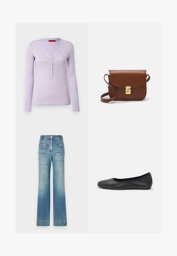 Lila Langarmoberteil mit V-Ausschnitt, ausgestattet mit einer Knopfleiste mit fünf Knöpfen und einem weichen, leichten Stoff. Einfaches, tailliertes Design.; Helle blaue, ausgestellt geschnittene Jeans aus Denim mit fünf Taschen, Gürtelschlaufen, Knopfverschluss und einer leicht verblassten Textur, die ein rotes Logodetail auf der Rückseite aufweist.; Schwarze Leder-Ballettschuhe mit abgerundeter Spitze, glatter Textur, minimalen Nähdetails und einem flexiblen Sohlen-Design.; Braune Ledertasche mit Klappenverschluss, Beschlägen in Goldfarbe, einem Schultergurt und einer glatten Oberfläche. Kompakte rechteckige Form.