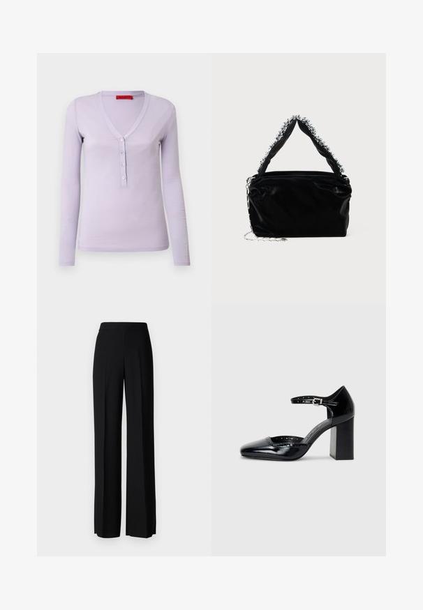 Ibolyaszínű, hosszú ujjú felső V-nyakkal, öt gombos légkörrel és puha, könnyű anyaggal. Egyszerű, testhezálló dizájn.; Fekete, széles szárú nadrág sima tapintással, magas derékkal és középen pliszével. Nincsenek látható minták vagy fém részletek.; Fekete patent bőr, magas sarkú cipők négyzetes orral, bokapánttal és vastag sarkal. A szélén lyukacsos díszítéssel.; Fekete műbőr kézitáska texturált felülettel, amelyen gyöngyökkel díszített ezüstszínű kiegészítő található a felső fogantyún, valamint láncos pánt.