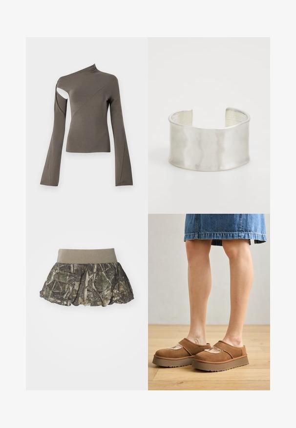 Asymmetrical long-sleeve top in olive green, featuring a cut-out on one shoulder, smooth texture, and flared sleeve design.; Camouflage skirt with a gathered hem, featuring a wide elastic waistband in khaki. Made of lightweight fabric with leafy patterns.; Brown suede platform shoes with a rounded toe, cut-out details, and a sturdy sole, accompanied by a denim skirt in a wooden floor setting.; Zign Bracelet - silver-coloured