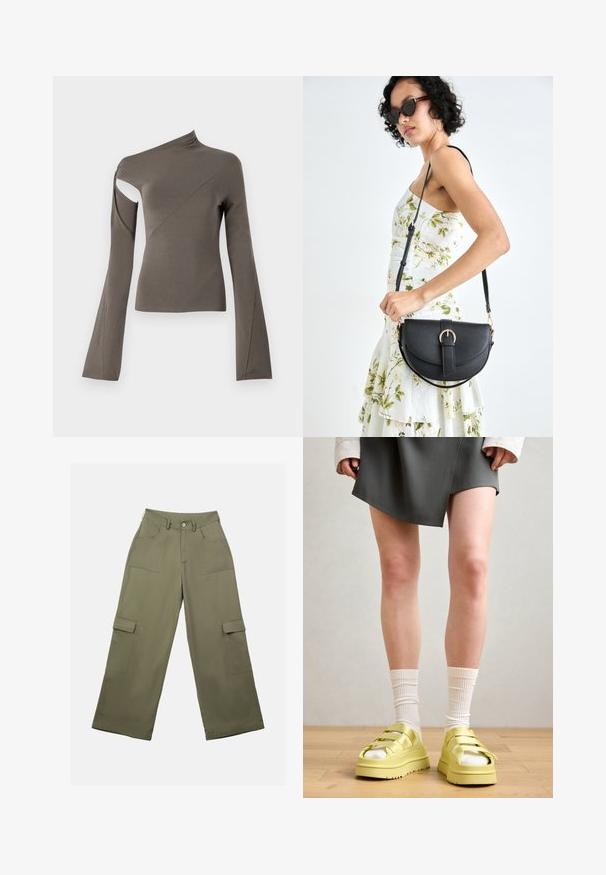 Asymmetrical long-sleeve top in olive green, featuring a cut-out on one shoulder, smooth texture, and flared sleeve design.; Olive green cargo pants with a high waist, wide legs, and two large side pockets. Made of smooth fabric with a button closure.; Yellow platform sandals with multiple straps, worn with white ribbed socks, paired with a gray wrap skirt on a wooden floor.; Black leather handbag with a curved shape, detachable strap, and gold hardware. The bag features a flap with a buckle detail.