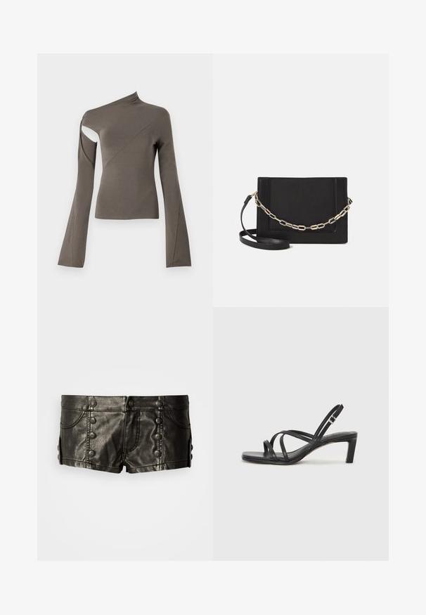 Top asimmetrico a maniche lunghe in verde oliva, con uno scollo su una spalla, texture morbida e design delle maniche svasate.; Shorts neri in pelle a vita bassa con bottoni metallici decorativi frontali e laterali, dotati di tasche anteriori e dettagli di cucitura.; Sandalo nero con cinturini, dalla punta squadrata e tacco basso a blocco. Presenta diversi cinturini sottili e una cinturini regolabile alla caviglia. Realizzato in pelle liscia.; Borsa a tracolla nera in pelle con una texture liscia, forma rettangolare e dettaglio in catena metallica sul davanti. Inclusa una tracolla regolabile.