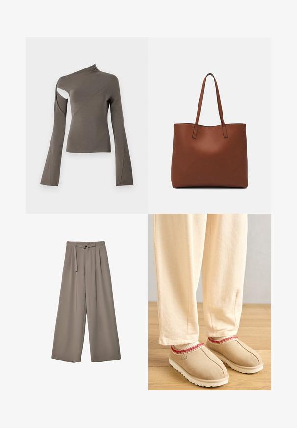 Top asimmetrico a maniche lunghe in verde oliva, con uno scollo su una spalla, texture morbida e design delle maniche svasate.; Pantaloni a gamba larga in un morbido tessuto grigio tenue, con vita con cintura e pieghe per un tocco di design aggiuntivo. Texture liscia, senza motivi.; Zoccoli in suede color nocciola con un bordo decorativo rosso e suola in gomma bianca, abbinati a pantaloni beige chiaro, posati su un pavimento di legno.; Borsa tote in pelle marrone con texture liscia, design con apertura superiore e due spallacci. Presenta cuciture minime e nessun hardware visibile.