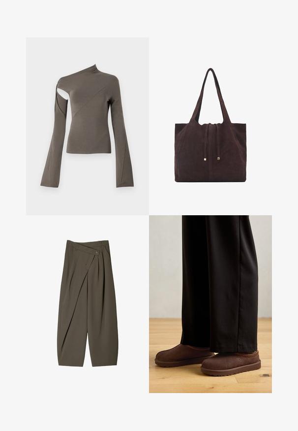 Top asimetric cu mânecă lungă, de culoare verde măsliniu, cu o decupare pe un umăr, textură netedă și design cu mâneci evazate.; Pantaloni cu croi larg dintr-un material verde măsliniu închis, cu un design pliat în față, închidere cu nasture și o suprafață lustruită și texturată.; Pantofi de casă din nubuc maro cu talpă din cauciuc, cu cusături portocalii pe guler, asortați cu pantaloni negri pe un podea din lemn.; Mango Geantă de pânză - dark brown