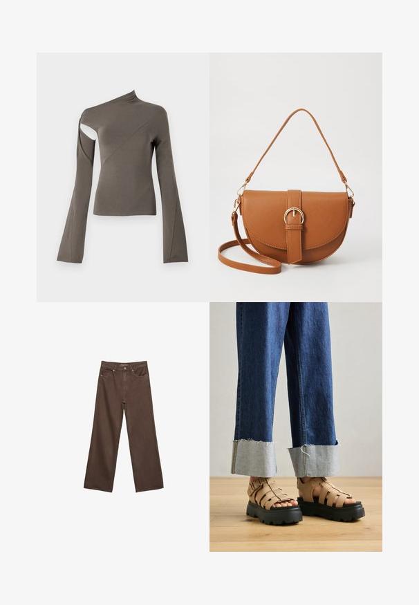 Asymmetrical long-sleeve top in olive green, featuring a cut-out on one shoulder, smooth texture, and flared sleeve design.; Wide-leg brown jeans made of denim, featuring a high waist, front pockets, and a classic button closure. Smooth texture with subtle stitching.; Beige platform sandals with thick black soles, featuring multiple straps for support. Paired with light blue cuffed denim jeans.; Brown leather crossbody bag with a curved shape, gold hardware, and a buckle accent. Features a detachable shoulder strap.