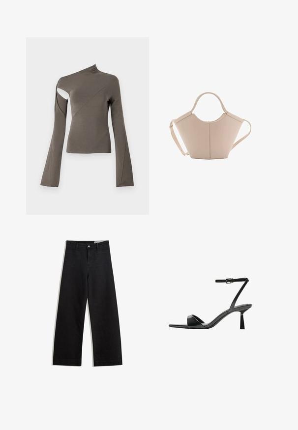Asimetrična bluza z dolgimi rokavi v olivno zeleni barvi, z izrezi na enem rami, gladko teksturo in obliko razširjenih rokavov.; Črne široke denim hlače z visokim pasom, ki imajo sprednje in zadnje žepe, šivane šive ter gumbasto zapiranje. Gladka tekstura.; Bershka Sandali z visoko peto - black; Bežna usnjena torbica edinstvene oblike, z dvema kratkima ročajema in dolgim nastavljivim trakom. Gladka tekstura z minimalno kovinsko opremo.