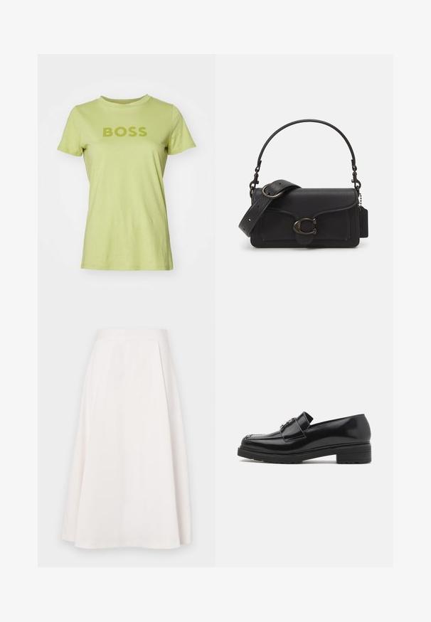 Svetlozelené bavlnené tričko s krátkymi rukávmi, okrúhlym výstrihom a slovom "BOSS" vytlačeným tmavšou zelenou farbou, umiestneným na strede prednej časti.; Sukňa v bielej farbe s A-silhouettou v dĺžke po kolená, vyrobená z hladkej tkaniny, s plochým pásom a jemnými záhybmi pre väčší tvar a pohyb.; Čierne lesklé kožené loafers s nízkym blokovým podpätkom, prešívanou špičkou a kovovou prackou na hornej časti, zobrazené v bočnom pohľade na bielom pozadí.; Čierna kožená crossbody taška s textúrovaným povrchom, nastaviteľným popruhom a striebornými kovovými prvkami. Obsahuje predný klapkový uzáver so sponou.