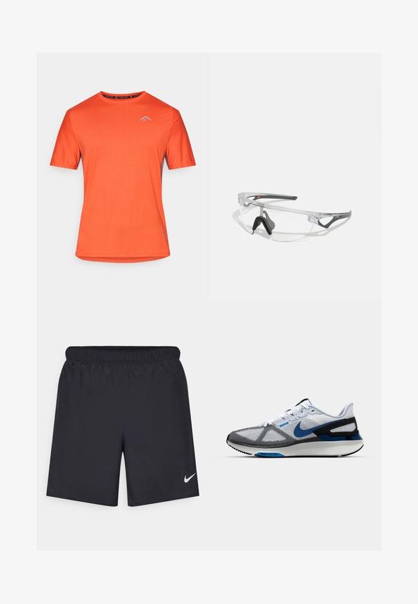 Heleoranž särg lühikeste varrukatega sporditootega, ümmarguse kaelusega ja vasakul rinnal väike helesinine logo valgel taustal.; Mustad mustikud lühikesed püksid, mis on valmistatud kergest materjalist ja millel on elastne vöökoht. Alumisel vasakul küljel on väike valge Nike logo.; Nike spordijalats, millel on valgest ja hallist koosnev võrgust peals, millel on sinised ja mustad aktsendid, pehme tald ja nähtav Nike bränding.; Selged ohutusprillid kerge, läbipaistva raami ja hallide aktsentidega. Omab ümbritsevat disaini ja reguleeritavat ninatükki.