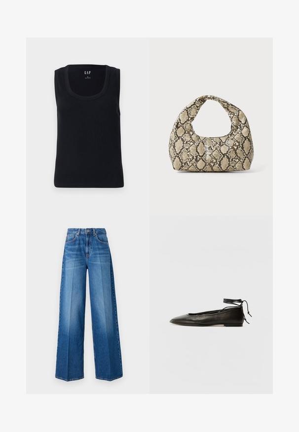 Svart ribbestrikket tanktop med rund hals, ermeløs design og tettsittende silhuett. Merke vist øverst i midten.; Bredde ben denimjeans i en mellomblå vask, med en klassisk femlomme-design, beltehemper og glidelås-lukking.; Svarte lær balletflater med spiss tå, ankelbånd og flat såle, som har en glatt tekstur og minimalistisk design.; Veske med slangeskinnmønster og krummet håndtak. Laget av teksturerte, beige og brune materialer, med et særegent diamantmønster.
