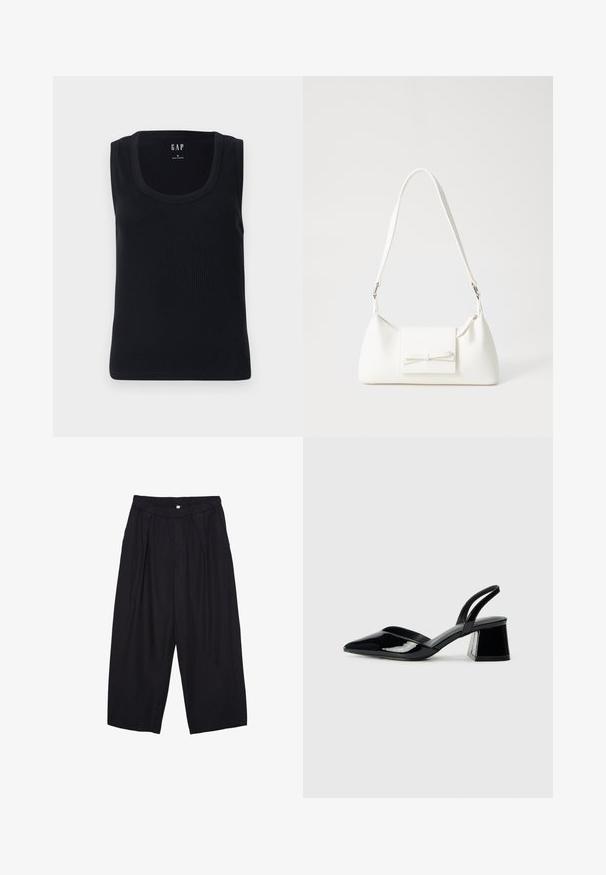 Crna rebrasta majica bez rukava s okruglim izrezom, uskog kroja. Natpis je prikazan na gornjem središtu.; Crne poliester hlače culotte s elastičnim pojasom, dva prednja nabora i širokim krojem. Nema vidljivih uzoraka ili metalnih detalja.; Crne lakirane kožne sandale s otvorenom petom i špicastim vrhom, s geometrijskom blok petom. Imaju elegantan, minimalistički dizajn i glatku teksturu.; Bijela sintetička torbica s trokutastim oblikom, ravnim prednjim poklopcem i detaljem u obliku mašne, podesivom remenom, glatkom teksturom i minimalističkim dizajnom.