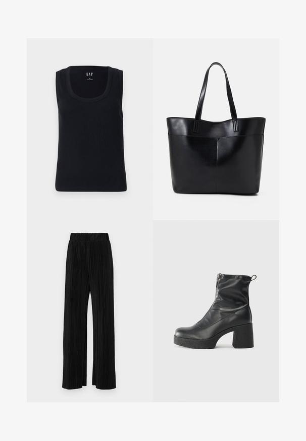 Czarny prążkowany top na ramiączkach z okrągłym dekoltem, bez rękawów i dopasowanym krojem. Metka umieszczona na górze, na środku.; Czarne spodnie plisowane z elastycznym paskiem w talii. Posiadają szerokie nogawki oraz gładki, teksturowany materiał z pionowymi paskami.; Czarne botki za kostkę wykonane z gładkiej skóry, wyposażone w boczny zamek błyskawiczny, masywny teksturowany obcas oraz zaokrąglony czubek.; Czarna skórzana torba na ramię z dwoma długimi uchwytami, gładką teksturą i sztywną formą. Posiada przednią kieszeń dla dodatkowego przechowywania.