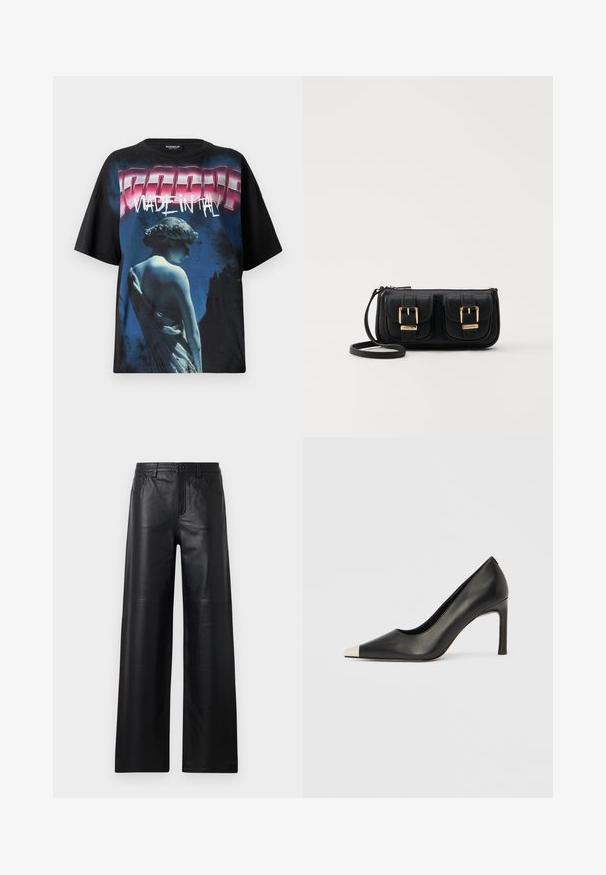 Black oversized t-shirt featuring a graphic print of a statue in blue tones and bold "MADE IN ITALY" text in pink and white.; Wide-leg black leather pants with a smooth texture, featuring front pockets, a button closure, and subtle stitching details.; Black leather high heel shoe with a pointed toe and a metallic silver cap. Features a smooth finish and a slender 10 cm heel.; Black leather crossbody bag with two front pockets, gold buckles, zipper closure, and a slim strap. Textured surface and compact rectangular shape.