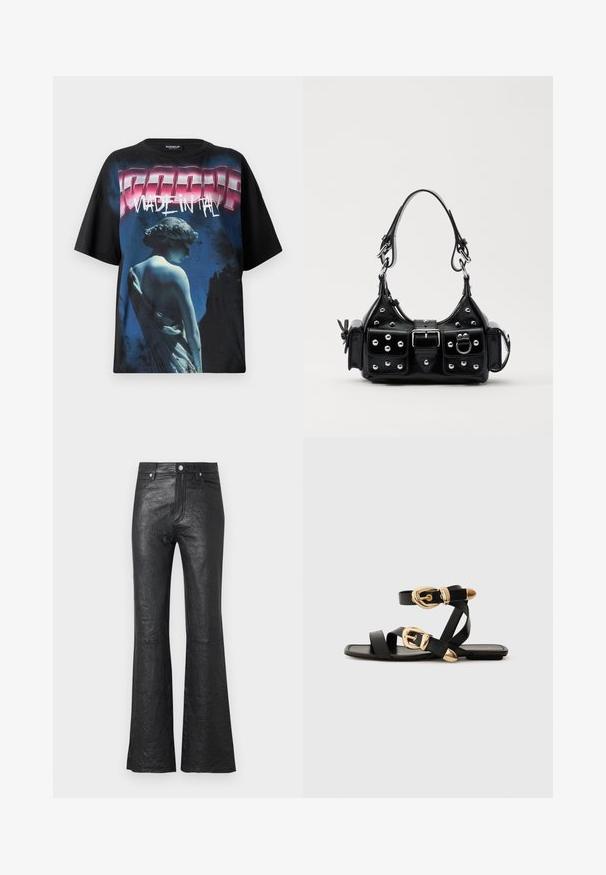 Black oversized t-shirt featuring a graphic print of a statue in blue tones and bold "MADE IN ITALY" text in pink and white.; Black leather flared pants featuring a crinkled texture, high waist, front pockets, and a classic button closure with zip fly.; Black leather sandals with gold buckle accents, featuring multiple straps and a flat sole design for open-toe wear.; Black leather handbag with a curved design, featuring silver studs, a buckle, and two side pockets. Adjustable strap for carrying options.