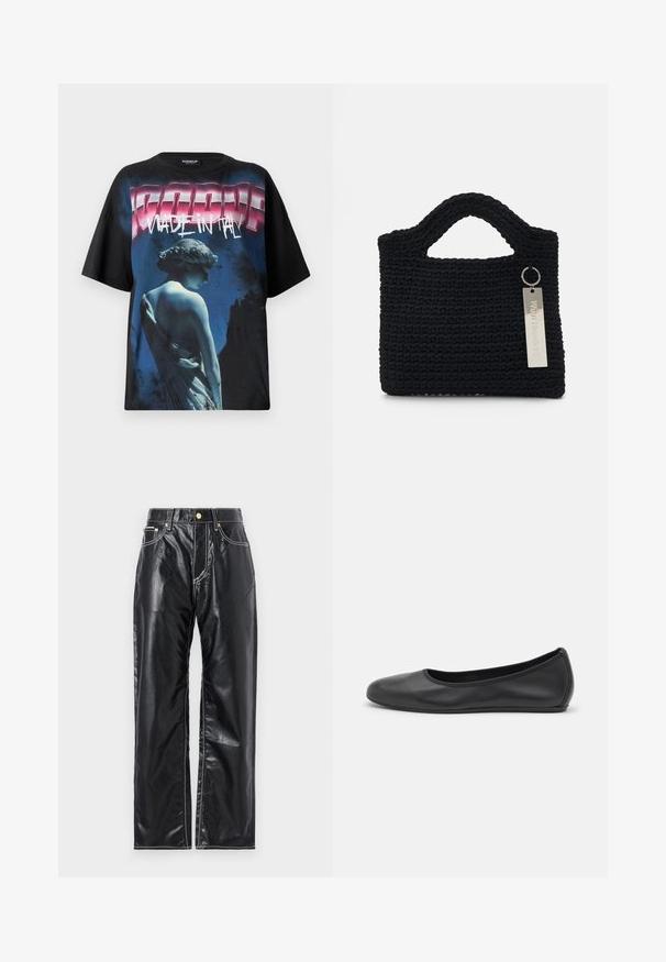 Black oversized t-shirt featuring a graphic print of a statue in blue tones and bold "MADE IN ITALY" text in pink and white.; Black faux leather pants with a wide-leg cut, featuring white stitching, front pockets, and a gold button at the waistband.; Black leather ballet flat with a rounded toe, smooth texture, minimal stitching detail, and a flexible sole design.; Won Hundred MARSIELLE COMPUTER BAG UNISEX - Laptop bag - black
