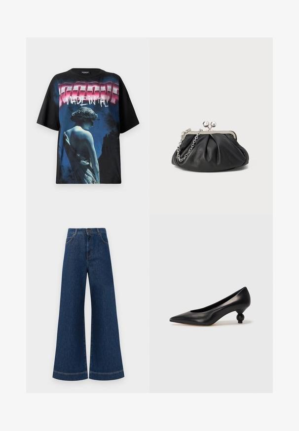 Sort oversized t-shirt med grafisk print af en statue i blå nuancer og iøjnefaldende "MADE IN ITALY" tekst i pink og hvid.; Bredde ben blå denim jeans med høj talje, der har knaplukning, bæltestropper og diskrete syninger langs lommerne og kanterne.; Sort læder høje hæle med spids tå og rund, kugleformet hæl. Glat tekstur med et stilrent, minimalistisk design.; Sort læder clutch med samlet tekstur, sølvfarvet metalramme, kys-lås lukning og kædestrop. Glat, blød overflade.