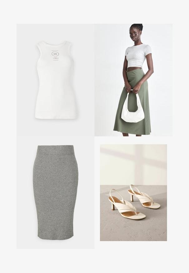 Camiseta sin mangas blanca con un diseño ajustado, textura acanalada y un logo impreso en forma de círculo en el centro, que presenta detalles en texto negro.; Falda lápiz de punto acanalado gris con una silueta ajustada, que cuenta con una cinturilla elástica y una textura suave. Diseño de longitud media.; Zapatos de tacón slingback de cuero blanco con diseño frontal retorcido, punta abierta y tacón bloque de altura media. Textura suave y acentos mínimos.; Top corto de canalé gris y falda de tiro alto verde oliva. La modelo sostiene un bolso de hombro blanco con detalles recortados. Diseño simple, silueta ajustada.