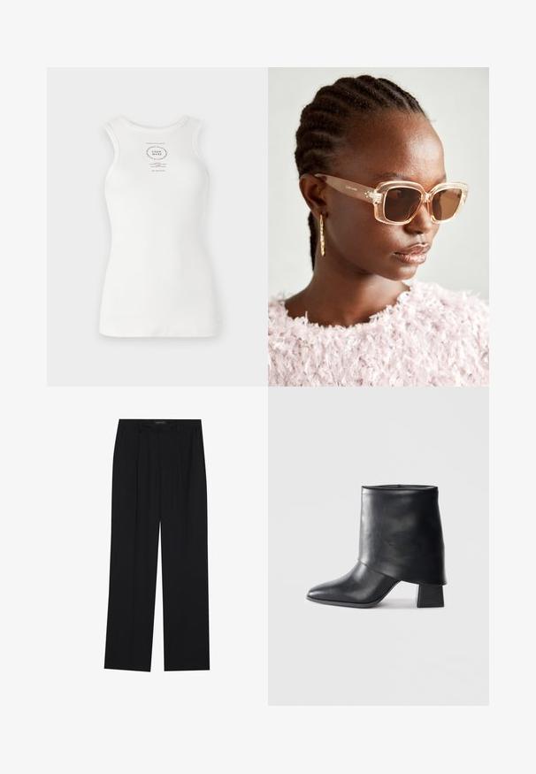 Bijela bezrukavna majica s uskim krojem, rebrastom teksturom i kružnim ispisanim logom u sredini, s detaljima u crnom tekstu.; Crne hlače ravnog kroja, s dva prednja džepa i pojasom. Izrađene od glatkog, laganog materijala.; Crna kožna čizme do gležnja sa šiljastim prstom, glatke teksture i strukturiranim blok petom. Ima visoki, preklopljeni dizajn manžetne.; Bež velike sunčane naočale s prozirnim okvirom i smeškim obojenim staklima, koje sadrže suptilne cvjetne akcenti i hrabri, geometrijski dizajn.