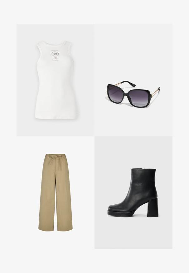 Bílý bezrukávový top s přiléhavým střihem, ribbovanou texturou a kulatým potištěným logem na středu, obsahující černé textové detaily.; Béžové kalhoty širokého střihu s vysokým pasem, šňůrkou v pase a dvěma bočními kapsami, vyrobené z hladkého, lehkého materiálu.; Černý kožený kotníkový bot s blokovým podpatkem a platformou, viděný z boku na jednoduchém bílém pozadí.; Černé oversized sluneční brýle se gradientními skly, silnými rámy a zlatými řetízkovými detaily na nožičkách.