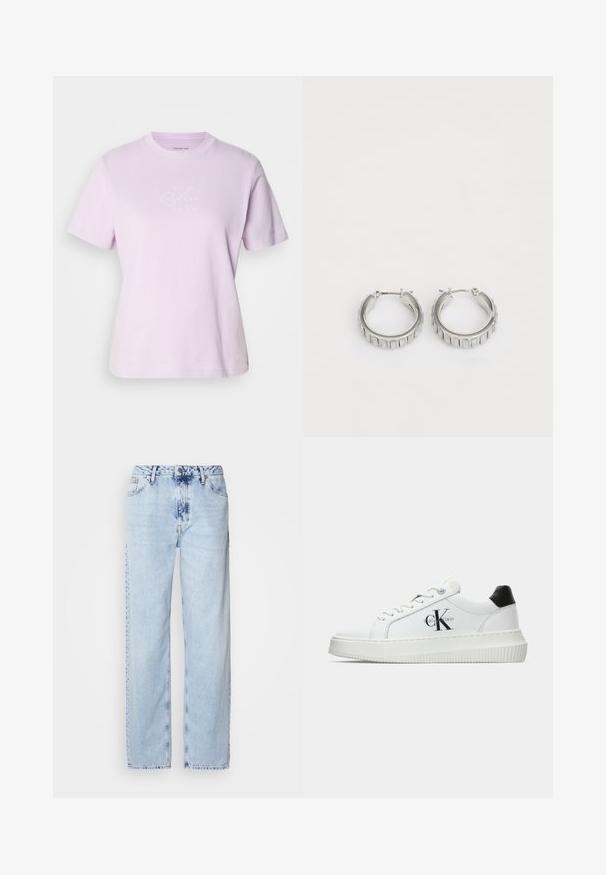 Šviesiai violetinė medvilninė marškinėliai trumpomis rankovėmis. Yra balta atspausdinta "CK" logotipas ant krūtinės. Standartinio apvalaus kaklo dizainas.; Šviesiai mėlynos plačios kelnės, pagamintos iš džinsinio audinio, su aukšta juosmens linija, išblukusiu plovimu ir subtiliu tinių dažymu priekyje.; Balti žemakulniai bateliai su juodu kulno dangteliu, platformos padu, raišteliais ir Calvin Klein "CK" logotipu šone.; Sidabrinės auskarų žiedai su tekstūruotu dizainu, turinčiu vertikalias briaunas. Apskritimo forma su saugiu užraktu. Lygi apdaila.