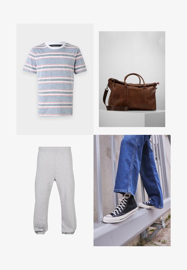Camiseta a rayas en azul, con rayas horizontales en blanco, gris y rosa. Cuello redondo y mangas cortas, hecha de un tejido ligero.; Pantalones de chándal grises hechos de una mezcla de algodón, con cintura elástica, piernas ajustadas y dobladillos acampanados. Diseño simple sin patrones.; Zapatillas de deporte negras de caña alta con suela y cordones blancos, combinadas con unos vaqueros de denim azul holgados, apoyadas en una barandilla gris.; Bolsa de viaje de cuero marrón con cierre de cremallera, doble asa, correa de hombro ajustable y patrones de textura visibles en la superficie.