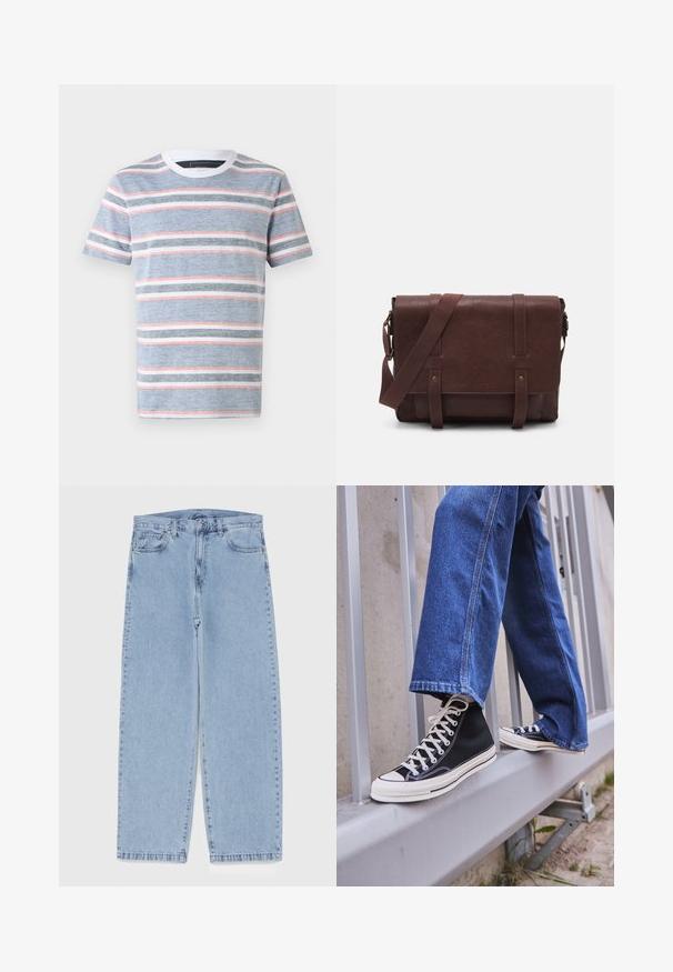 Camiseta a rayas en azul, con rayas horizontales en blanco, gris y rosa. Cuello redondo y mangas cortas, hecha de un tejido ligero.; Jean de mezclilla azul claro con diseño de pierna recta, con una cintura de altura media, cinco bolsillos y un cierre de botón y cremallera.; Zapatillas de deporte negras de caña alta con suela y cordones blancos, combinadas con unos vaqueros de denim azul holgados, apoyadas en una barandilla gris.; Bandolera de cuero marrón con una tapa frontal plana, dos correas, detalles en metal dorado y una correa para el hombro ajustable.; Reloj de acero inoxidable plateado con un dial verde redondo, marcadores de hora plateados, indicador de fecha y una pulsera de eslabones de metal. Resistente al agua hasta 50 metros.