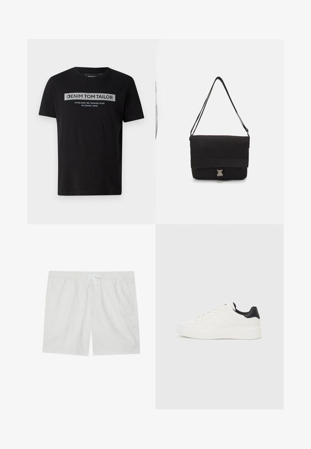 Sort bomulds T-shirt med korte ærmer, der har et frontgrafik i grå og blå tekst, som inkluderer mærkenavnet "DENIM TOM TAILOR."; Hvide bomulds-shorts med elastisk talje og snor, med to sidelommer og rene linjer, der tilbyder et enkelt design.; Hvide lædersneakers med præget mønster, tekstureret hvid mellemsål og sort hælakkent. Har rund tå og flade snørebånd.; Sort messenger taske lavet af glat materiale, med en fold-over klap, sølvfarvet lukning og et justerbart skulderrem.
