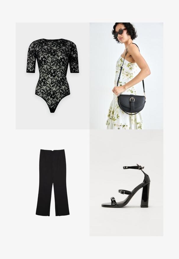 Svart spetsbaddräkt med korta ärmar, blommönster, vågiga kanter och genomskinlig textur. Baddräkten har högt skuren benlinje och rund halsringning.; Svarta byxor med rak passform, utrustade med framfickor och sidoklyvningar vid fållen. Tillverkade av mjukt, slätt tyg. Lämpliga för olika tillfällen.; Svarta lackerade klacksandaler med fyrkantig tå, ankelremmar och silverfärgade spännen. Har en kraftig blockklack för stabilitet.; Svart läderhandväska med en böjd form, avtagbar rem och guldiga detaljer. Väskan har ett lock med en spänndetalj.