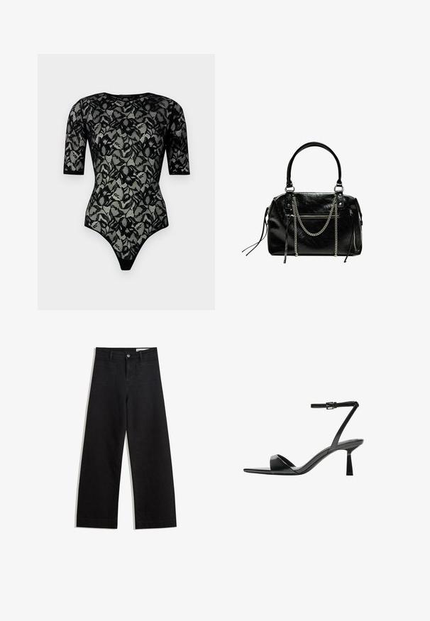 Body eficient din dantelă neagră cu mâneci scurte, model floral, margini ondulate și textură transparentă. Body-ul are picioare cu tăietură înaltă și decolteu rotund.; Pantaloni din denim negri cu picioare largi, cu talie înaltă, având buzunare frontale și posterioare, cusături dublate și închidere cu nasture. Textură netedă.; Bershka Sandale cu toc - black; Bershka WITH CHAIN - Geantă de mână - black