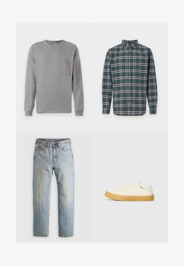 Szürke, hosszú ujjú póló kerek nyakkal, mellzsebből és bordázott mandzsettákból készült. Puha, könnyű pamut anyagból készült.; Zöld flanel ing, kockás mintázattal, amely kék, fehér és mustár sárga vonalakból áll. Gombos elülső rész és hegyes gallér. Hosszú ujjak.; Világoskék farmernadrág magas derékkal, elülső gombbal, cipzárral és öt zsebbel, sima háttérre fektetve.; Krémszínű vászon sportcipő, kerek orral, bézs gumi talppal és öt fűzőlyukkal, a felső részen texturált felülettel.