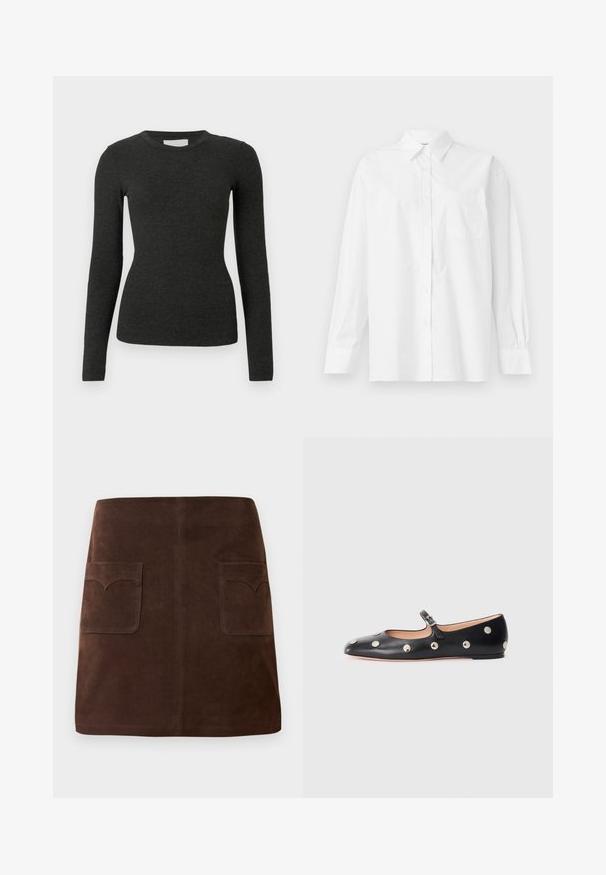 Black long-sleeve top made of ribbed fabric. Round neckline, fitted design, and smooth texture without patterns or accents.; White long-sleeve shirt made of cotton, featuring a classic collar, button closure, and a single breast pocket on the left side.; Brown suede skirt featuring a classic A-line shape, two front pockets with rounded flaps, and subtle stitching details.; Black leather Mary Jane flat shoe with a rounded toe, featuring silver circular studs and an adjustable strap with a buckle.