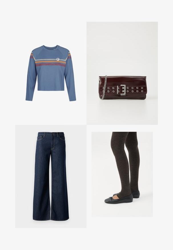 Light blue long-sleeve crop top with raglan sleeves, featuring colorful horizontal stripes in red, yellow, and cream across the chest.; Wide-leg jeans in dark blue denim. Features contrast stitching, five pockets, and a button closure at the waist. Smooth texture.; Black flat shoes with a small bow detail at the toe, paired with dark brown ribbed tights. Shoes have a smooth texture and low profile.; Burgundy faux leather clutch with a silver chain strap, featuring a buckle design and metal eyelets across the front for added detail.