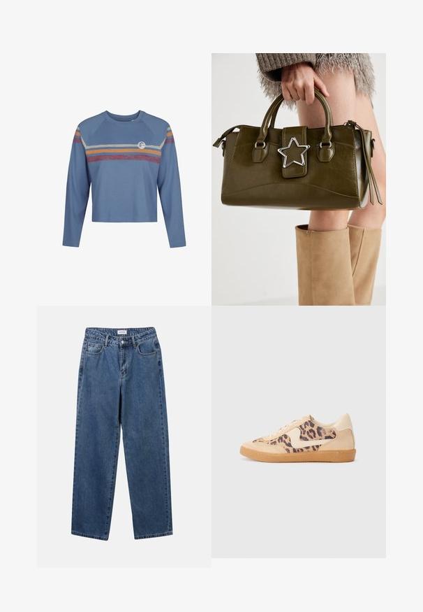 Gaiši zilā krāsā garām piedurknēm īsā blūze ar raglāna piedurknēm, ar krāsainām horizontālām svītrām sarkanā, dzeltenā un krēmkrāsā krūtīs.; Klasiskie zili džinsi ar taisnu kāju dizainu, pieciem kabatām un pogu aizdari. Iezīmējas ar vidēju mazgāšanu un izturīgu tekstūru.; Leoparda drukas kedas ar beidzējo zamša virsu, brūnu gumijas zoli un baltām akcenta detaļām. Apļveida purngals un auklu aizdare ar strukturētu virsmu.; Olive zaļš mākslīgās ādas rokassomu ar sudraba zvaigznes akcentu, divām rokturiem un rāvējslēdzēja aizdari. Strukturēta forma un teksturēta virsma.