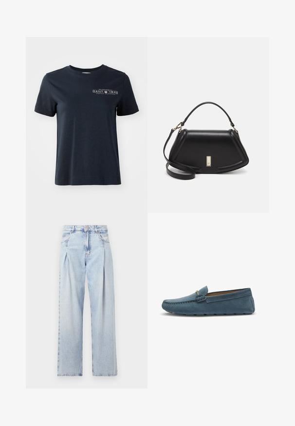 Marineblå bomulds T-shirt med korte ærmer, rund hals og et frontlogo design, der indeholder tekst og dekorative elementer.; Lyseblå denim jeans med høj talje, bred benåbning, to sidelommer og plisseret design. Blød tekstur med et falmet finish.; Blå ruskinds loafers med flad sål, der har en syet design langs kanterne og en dekorativ metalaccent foran.; Sort læderhåndtaske med en struktureret design, der har en kortet form, tophåndtag og guld hardware-accenter. Justerbar skulderrem inkluderet.