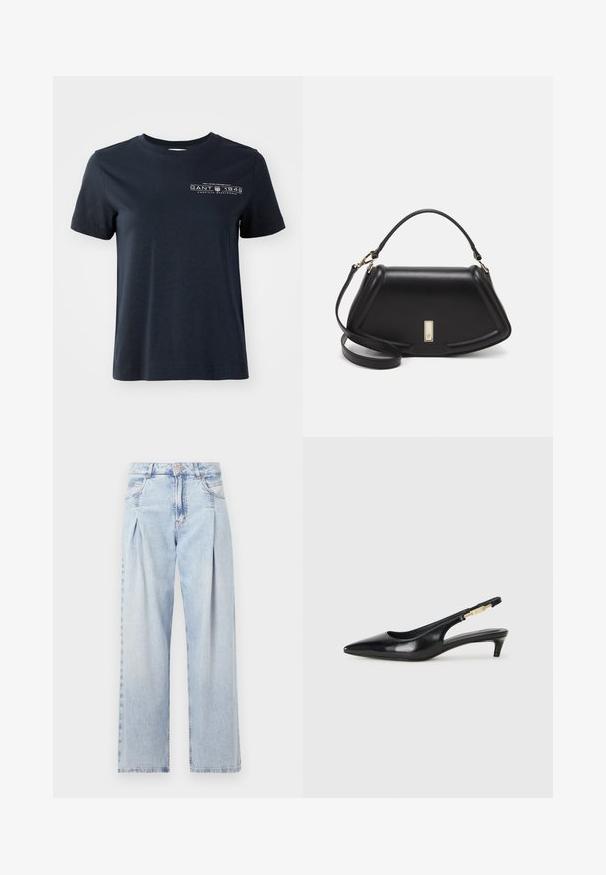 T-shirt di cotone blu navy a maniche corte, collo rotondo e design del logo frontale con testo ed elementi decorativi.; Jeans in denim azzurro chiaro con vita alta, taglio a gamba larga, due tasche laterali e design plissettato. Texture morbida con una finitura sbiadita.; Tacchi slingback in pelle nera con punta affusolata, caratterizzati da un tacco alto e un accento dorato sulla cinghia regolabile. Texture liscia.; Borsa a mano in pelle nera con un design strutturato, caratterizzata da una forma corta, manico superiore e accessori in metallo dorato. Inclusa tracolla regolabile.