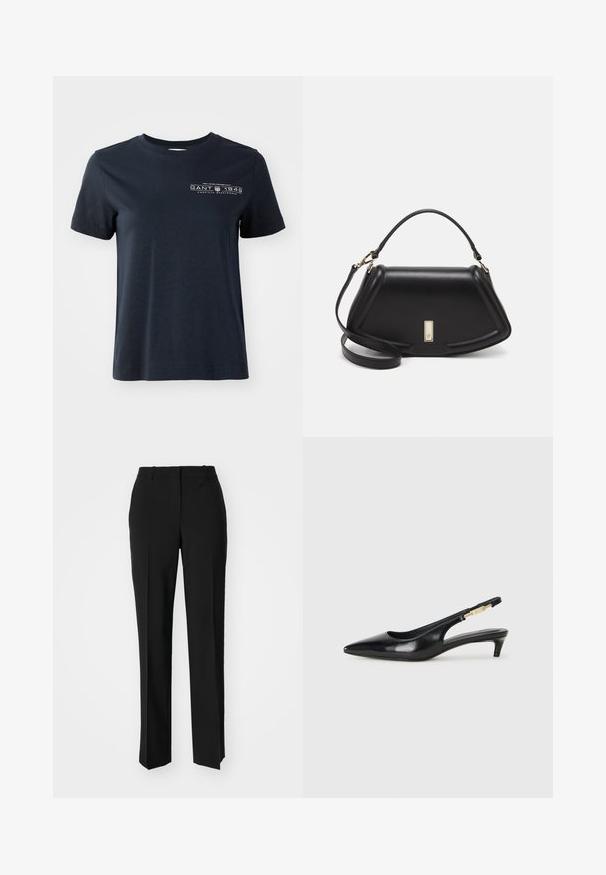 Mørkeblå bomull T-skjorte med korte ermer, rund hals og en frontlogo med tekst og dekorative elementer.; Sorte skreddersydde bukser med rett silhuett, med en glatt tekstur og klare pressede bretter foran. Ingen synlig maskinvare.; Sorte lærreim hæler med spiss tå, som har en slank hæl og en gullfarget detalj på den justerbare stroppen. Glatt tekstur.; Sort lærveske med en strukturert design, som har en avkortet form, topphåndtak og detaljer i gull. Justerbar skulderstropp inkludert.