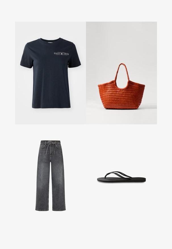 T-shirt di cotone blu navy a maniche corte, collo rotondo e design del logo frontale con testo ed elementi decorativi.; Jeans neri in denim a vita alta e gamba larga, con tasche frontali e una cintura in tessuto annodata a fiocco in vita.; Infradito neri con suola in gomma testurizzata, due cinghie sottili e un sottile dettaglio del logo impresso sulla cinghia.; DRAGON DIFFUSION NANTUCKET BASKET BIG - Borsa a mano - naranja