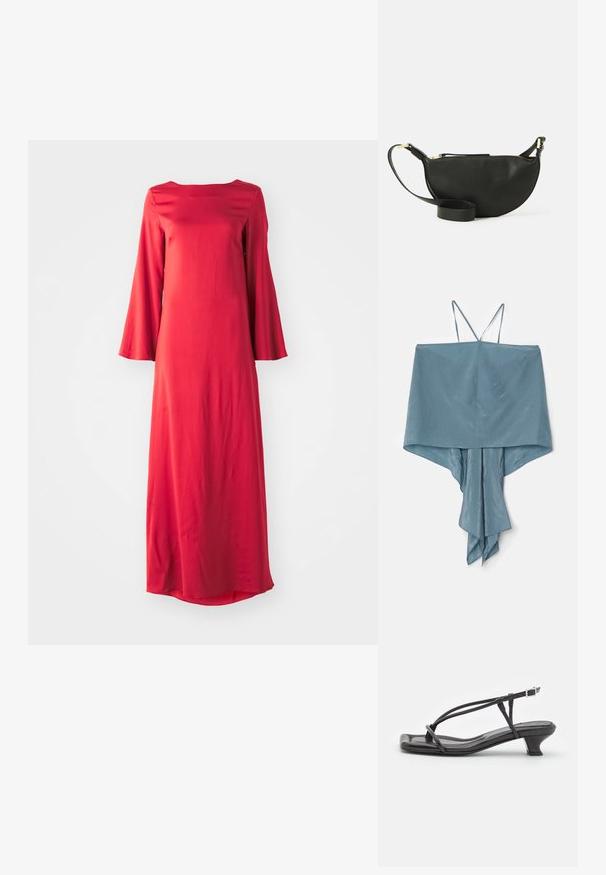 Ärmelloses Oberteil aus weichem, hellblauem Stoff mit asymmetrischem Saum und drapiertem Design, versehen mit dünnen Trägern und glatter Textur.; Langes rotes Kleid aus leichtem Stoff mit einem Bateau-Ausschnitt und weiten Glockenärmeln. Glatte Textur mit gerader Silhouette.; Schwarze Leder-Sandale mit dünnen Riemen, niedrigem Blockabsatz und quadratischer Spitze. Sie verfügt über einen Schnallenverschluss und eine glatte Textur.; Schwarze Leder-Umhängetasche in Halbmondform, mit strukturiertem Oberflächen, goldfarbenem Reißverschluss und flachem Trageriemen. Kompakte Ausführung, die für die wichtigsten Dinge geeignet ist.