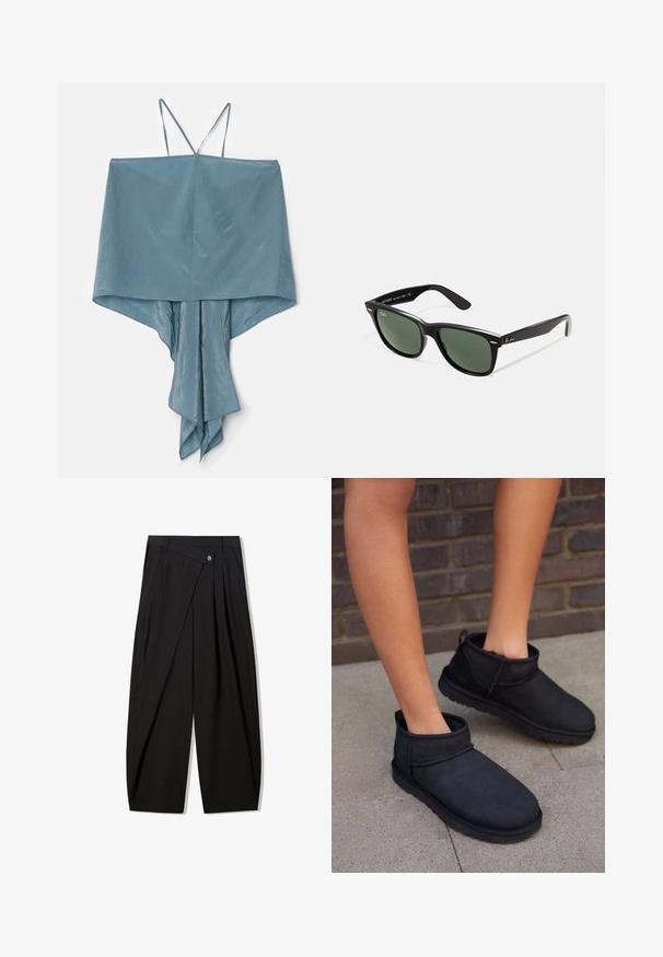 Sleeveless top in soft, light blue fabric with an asymmetrical hem and draped design, featuring thin straps and smooth texture.; Black wide-leg trousers crafted from smooth fabric, featuring front pleats, a button closure, and a tailored design for a structured silhouette.; Black ankle boots made of suede with a soft interior lining. Features a rounded toe and a flat, textured sole.; Black plastic sunglasses with green lenses, square frames, silver accent on the brow, and textured temple arms. Stated brand on inner arm.; Black quilted handbag with a gold chain strap, featuring a distinctive gold clasp and a small tag, showcasing a textured leather surface.