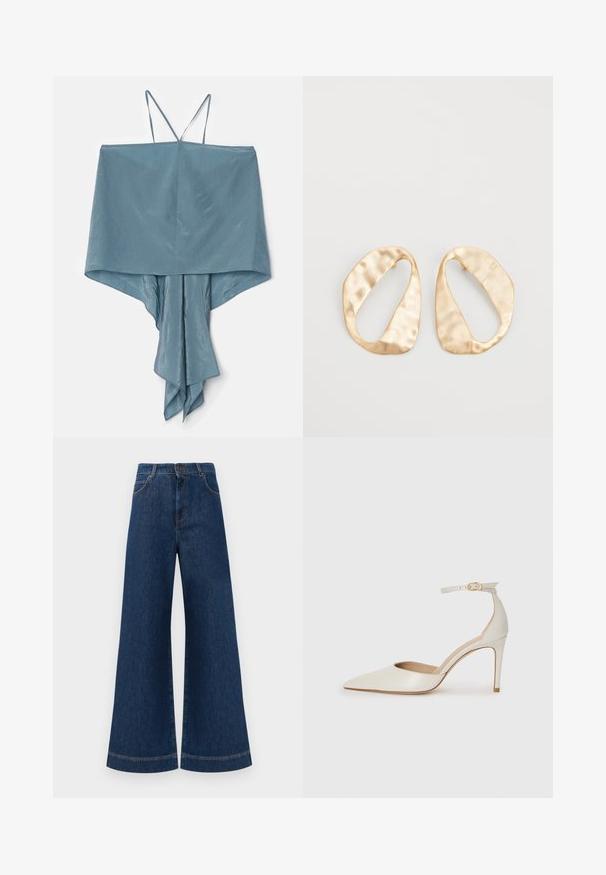 Ujjatlan felső puha, világoskék anyagból, aszimmetrikus hemévei és redőzött kialakítással, vékony pántokkal és sima textúrával.; Magas derekú, széles lábú kék farmernadrág, gombos záródással, övhurkokkal és diszkrét varrási részletekkel a zsebeknél és a szegélyeknél.; Fehér bőr, magassarkú cipő hegyes orral, bokapánttal és vékony tűs sarkal. Simaszövet, finom fényes felülettel.; Egy pár szabálytalan, ovális formájú, aranyszínű fém fülbevaló, enyhén kalapált felülettel, fehér háttéren.
