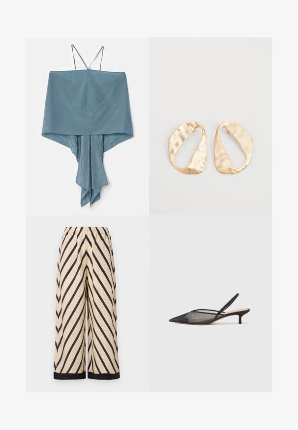 Bešvarkis, pagamintas iš švelnios, šviesiai mėlynos medžiagos, su asimetrišku kraštu ir drapiruotu dizainu, turintis plonas petnešas ir sklandžią tekstūrą.; Šviesiai beige pločio kojos kelnės su įstrižine juoda juostele, elastingu liemeniu ir kontrastinėmis juodomis kraštinėmis ant pašluonių.; NEOUS IRENA - Klasikiniai aukštakulniai - black; Nedidelis nereguliarus ovalo formos aukso tono metalinių auskarų pora su tekstūruota, šiek tiek kalta paviršiumi ant balto fono.