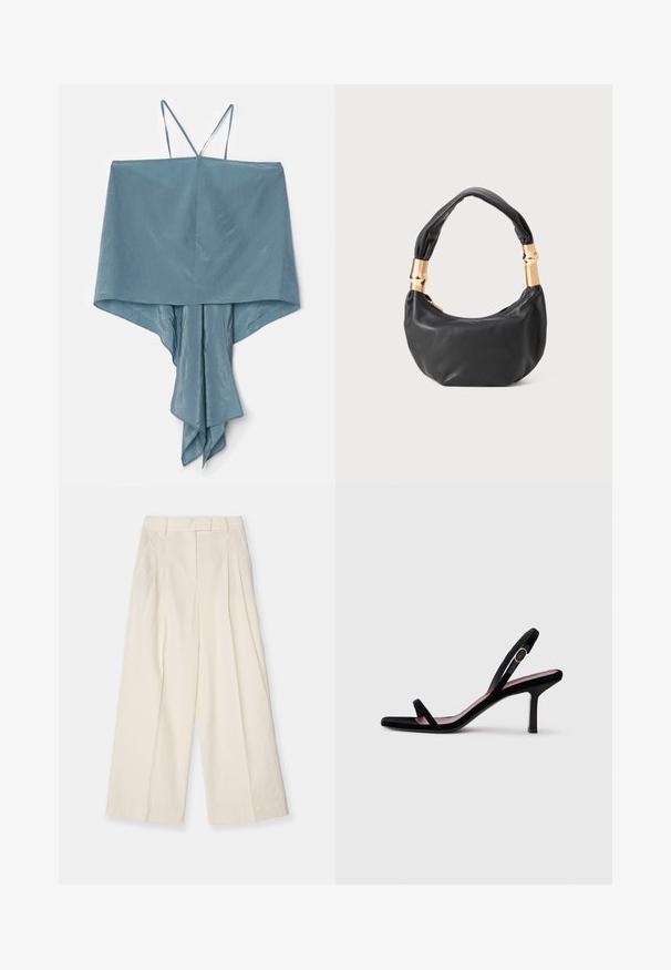 Bešvarkis, pagamintas iš švelnios, šviesiai mėlynos medžiagos, su asimetrišku kraštu ir drapiruotu dizainu, turintis plonas petnešas ir sklandžią tekstūrą.; Platus kojos kelnės iš tekstūruoto smėlio spalvos audinio. Raukšlėtas aukštas liemuo, diržo kilpos ir švarus, minimalus dizainas.; Juodas zomšinis moteriškas aukštakulnis sandalai su plonais dirželiais ir auksine sagtimi ant balto fono, šoninis vaizdas.; Juodas odinis rankinukas apvalios formos, minkštos tekstūros su susietu rankena ir auksinės spalvos detalėmis. Užtrauktuko uždarymas.