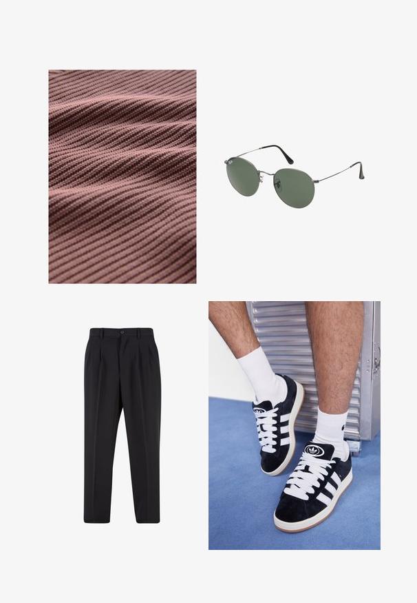 Strikket stof i en afdæmpet mauvefarve med teksturerede diagonale striber, der skaber subtile variationer i dybde og skygge på overfladen.; Sorte bukser med plisseret frontdesign, lavet af glat stof. Har knaplukning og bæltestropper; lige pasform.; Sorte ruskinds sneakers med hvide snørebånd og tre hvide striber. Har et rundt sort logo på tungen og en gummigummisål.; Metalrammede solbriller med ovale grønne linser. Tynd sølvmetalramme og sorte ørepropper. Minimalistisk design, ingen synlige logoer.