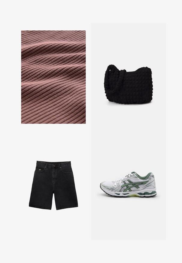 Strikket stof i en afdæmpet mauvefarve med teksturerede diagonale striber, der skaber subtile variationer i dybde og skygge på overfladen.; Sorte denim shorts med lige snit, fem lommer, metallisk knaplukning og subtilt brandlogo på forlommen.; Hvid løbesko med sølvdetaljer, grøn meshkrave og grønne striber. Har et struktureret mesh-øvre og polstret sål.; Sort stofpose med en struktureret, quilted mønster. Rund form, korte, tykke håndtag, og en blød, fleksibel struktur.
