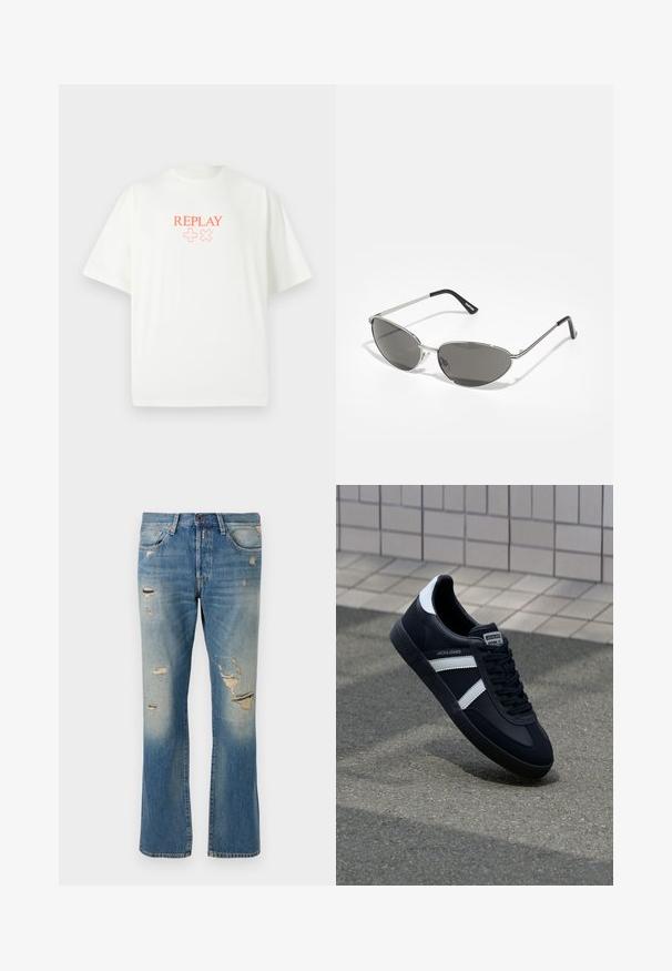 White t-shirt with a round neck, short sleeves. Features orange text "REPLAY" and symbols "+", "×" on the front. Soft fabric, relaxed fit.; Light blue denim jeans with a relaxed fit, featuring distressed details and frayed patches, with standard five-pocket design and button closure.; Black leather sneaker with white stripes, textured rubber sole, and lace-up front. Features a branded label on the tongue.; Sunglasses with a sleek, silver metal frame, gray tinted lenses, and an aerodynamic design featuring pointed edges and thin arms.