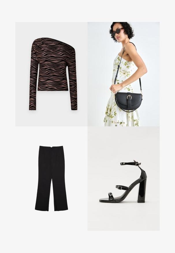 Pitkähihaista ruskeaa cropped-paitaa mustilla aaltoilevilla raidoilla, jossa on epäsymmetrinen kaulus ja sileä, venyvä kangas.; Mustat housut suoralinjaisella leikkauksella, joissa on etutaskut ja sivurei'ät helman alla. Valmistettu pehmeästä ja sileästä kankaasta. Sopii eri tilaisuuksiin.; Musta kiiltävä korkokenkä sandaalit neliönmuotoisella varpaalla, nilkkaremmillä ja hopeisilla soljilla. Varustettu tukevalla lohkokorkealla vakauden takaamiseksi.; Musta nahkainen käsilaukku, joka on kaareva muotoilultaan, irrotettavalla hihnalla ja kultaisilla yksityiskohdilla. Laukussa on läppä, jossa on solk yksityiskohta.