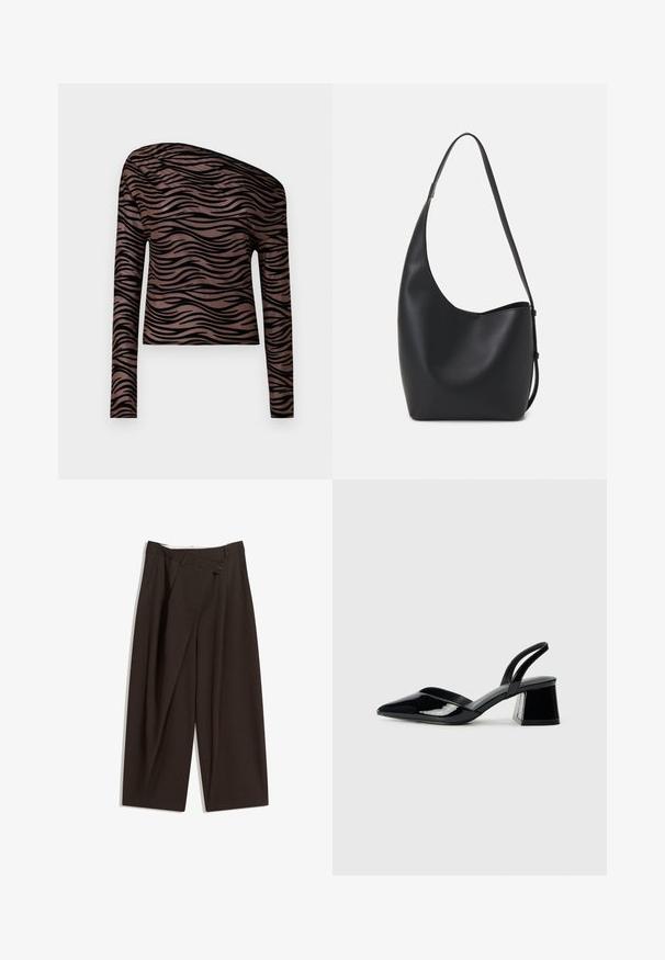 Top corto a maniche lunghe in marrone con strisce ondulate nere, caratterizzato da un scollatura asimmetrica e una texture di tessuto morbido e elastico.; Pantaloni a gamba larga marrone scuro con vita alta, dotati di una chiusura con bottone singolo e una parte anteriore plissettata. Realizzati in tessuto leggero.; Décolleté in vernice nera con punta affusolata e tacco in geometria cubica. Presentano un design elegante e minimalista, con una texture liscia.; Borsa hobo nera in pelle con una superficie liscia, forma curvata e una singola tracolla regolabile; presenta un'ampia apertura nella parte superiore.