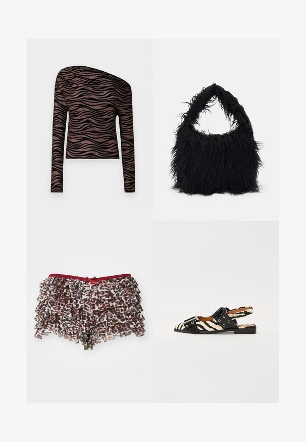 Garais piedurkņu kroptais tops brūnā krāsā ar melniem viļņveida svītrām, ar asimetrisku dekoltē un gludu, elastīgu auduma tekstūru.; Ziedu leopardu raksta šorti ar slāņainiem pamēriem, ar sarkanu mežģīņu jostu un mazu lenti priekšā.; Čības ar siksniņām un zebras raksta augšu melnbaltā krāsā, kurām ir melnas siksnas, metāla apdare un plakana zole.; Even&Odd Maisiņveida soma - black