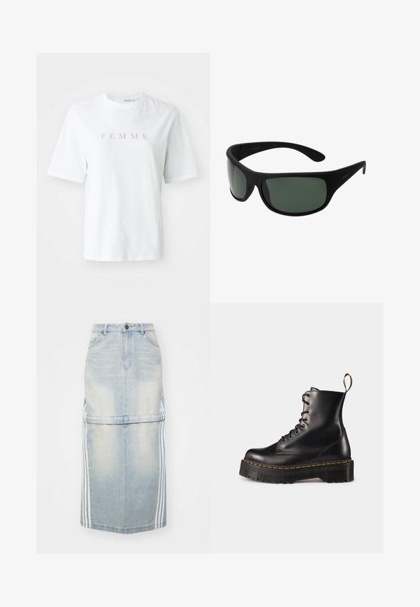 Balts kokvilnas T-krekls ar īsām piedurknēm, uz kura krūšu daļas ir vārds "FEMME" zeltainā krāsā, apaļa apkakle un brīvs piegriezums.; Gaiši zils denim midi svārks ar sānu svītrām, pieguļošu vidukli un priekšējām kabatām. Nolietots raksts piešķir detaļas.; Melnas ādas lakotās potītes ar masīvu melnu zoli un dzelteno šuvju. Izvērsta cilpa aizmugurē un apaļie metāla acu caurumi.; Melnas saulesbrilles ar tumši zaļām lēcām. Matēta apdare, izliekta forma, ar taisnām kājiņām un smalku zīmola logo sānos.