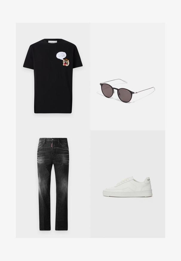 Melna kokvilnas T-krekls ar krāsainu izšūtu varoni uz krūšu daļas un runas burbuli grafiku. Īsās piedurknes un klasiskā piegriezuma.; Melni džinsi no denima ar taisnu piegriezumu. Iespējas ietver izbalējušas vietas, nelielas nodiluma pazīmes, klasisko piecu kabatu dizainu un pogu aizdari.; Baltas ādas sneakers ar gludu virsmu, apaļu pirkstu daļu, plakaniem šņorēm un teksturētu zoli. Satur diskrētu logotipu uz papēža.; Melni apaļi saulesbrilles ar tumšiem lēca un plānām metāla stangām. Iekļautas caurspīdīgas tempļu galviņas un sudraba akcenti pie eņģes. Minimalistisks dizains.