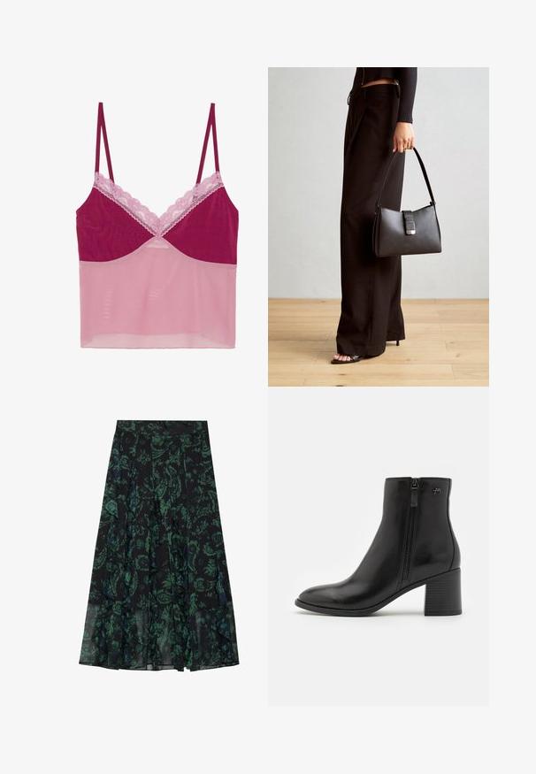 Cami-top, mille tumel ise tume roosa korpus koos läbipaistva heledate roosade võrgust põhja, kaunistatud peene roosa pitsiga kaeluse ja rihmade ääres.; Must have mustriga mustroomi lilla roheline lilleline muster, millel on frillied servad ja voldid. Valmistatud kergetest kangast, pakkudes voogavat siluetti.; Mustad mustad saapad, valmistatud siledast nahast, külgmise tõmblukuga. Omab teravat nina ja tekstuuriga plokkninat stabiilsuse tagamiseks.; Must musta kott, millel on struktureeritud kuju, sile tekstuur ja metallist klamber. Kombineeritud laiate mustade pükstega ja avatud varvaste sandaalidega puidust põrandal.